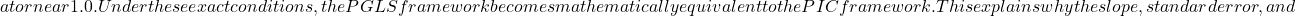 at or near 1.0. Under these exact conditions, the PGLS framework becomes mathematically equivalent to the PIC framework. This explains why the slope, standard error, and