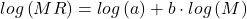 \begin{align*} log\left ( MR \right ) = log\left ( a \right ) + b\cdot log\left ( M \right ) \end{align*}