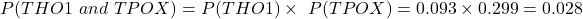 P(THO1\ and\ TPOX) = P(THO1)\times \ P(TPOX) = 0.093 \times 0.299 = 0.028