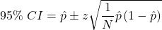 \begin{align*} 95\% \ CI=\hat{p}\pm z \sqrt{\frac{1}{N}\hat{p}\left (1-\hat{p} \right )} \end{align*}