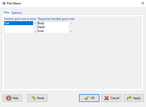 Figure 11. Rcmdr menu popup for Plots Means