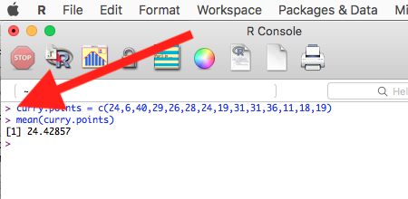 Figure 1. The R GUI on a macOS system; red arrow points to the R prompt.