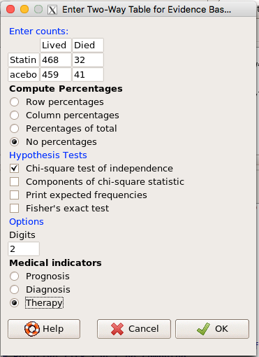 EBM plugin with two-way table completed for the statin problem.