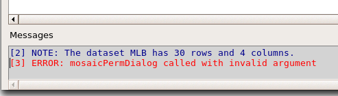 Figure 37. Error message as result of selecting a dataframe for use in mosaic plugin.