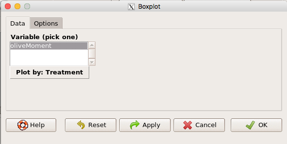 Figure 23. Popup menu in R Commander: Select the response variable and set the Plot by: option.