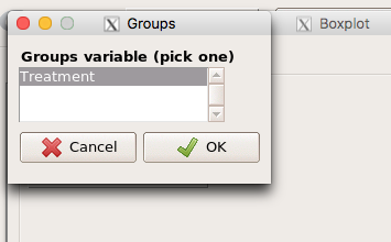 Figure 24. Rcmdr boxplot menu, Select the group variable