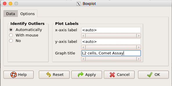 Figure 25. Rcmdr boxplot menu, Options tab, enter labels for axes and a title.