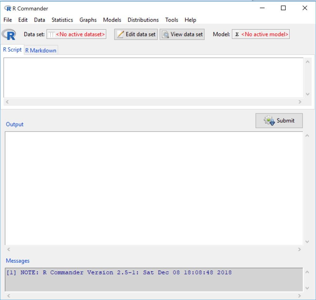 Figure 5. The windows of R Commander, Win11. From bottom to top: Messages, Output, Script (tab, R Markdown) Rcmdr ver. 2.5-1.