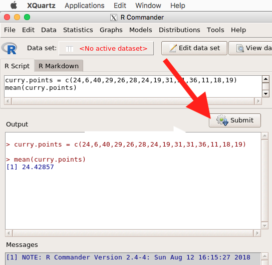 Figure 4. The windows of R Commander, macOS. From bottom to top: Messages, Output, Script (tab, Markdown) Rcmdr ver. 2.4-4.