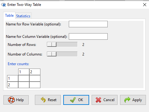 Screenshot Rcmdr menu, enter contingency table information and select statistics