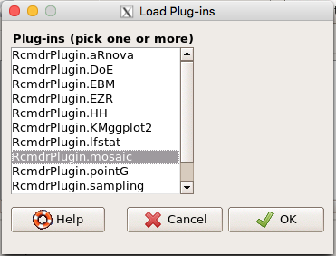 Figure 33. Screenshot of popup menu from Rcmdr with mosaic plugin selected.