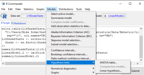 Rcmdr menu: Model --> Hypothesis testing --> ANOVA table
