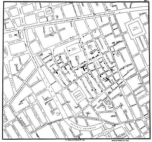 Figure 5. Original map by John Snow showing the clusters of cholera cases in the London epidemic of 1854, drawn and lithographed by Charles Cheffins. Image Public Domain, from Wikipedia
