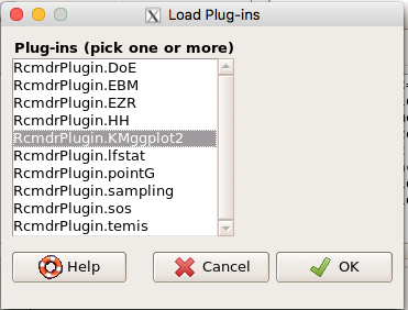 Figure 27. Screen shot of Load Rcmdr plug-ins menu, Click OK to proceed (see Figure 28)