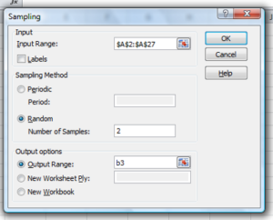 Figure 11. Screenshot of input required for Sampling in Data Analysis menu, Microsoft Excel