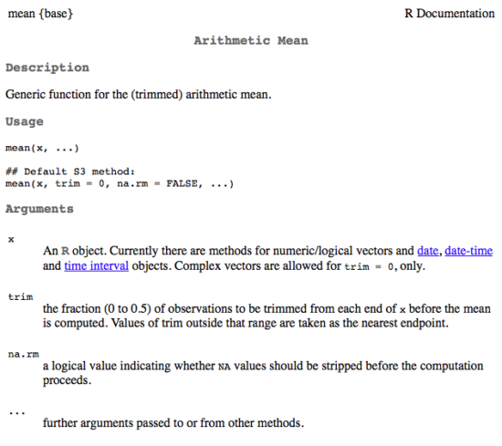 Figure 7. A portion of the R help page about the function mean.