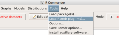 To install an Rcmdr plugin, first go to Rcmdr → Tools → Load Rcmdr plug-in(s)...