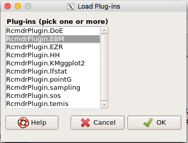 Select the Rcmdr plugin, then click the "OK" button to proceed.