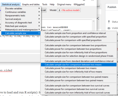 Rcmdr EZR plugin menu; Select Calculate sample size for comparison between two means