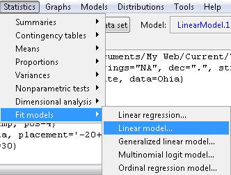 Rcmdr menu, select linear model