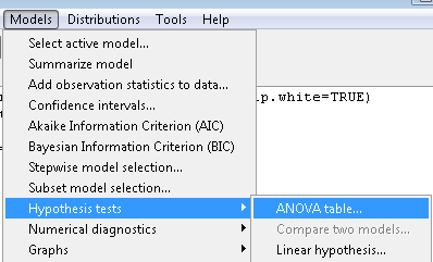 Rcmdr: To retrieve an ANOVA table, select Models, Hypothesis tests, then ANOVA table...