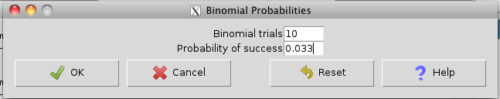 Rcmdr, enter Binomial probabilities