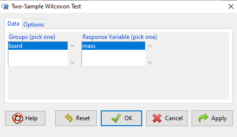 Screenshot Rcmdr 2 Sample Wilcoxn test