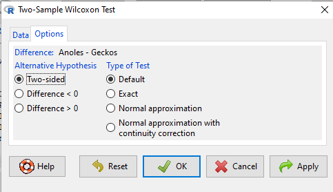 Screenshot Wilcoxon options menu
