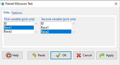 R Commander paired Wilcoxon test menu (aka Wilcoxon signed rank sum test). Rcmdr version 2.7.