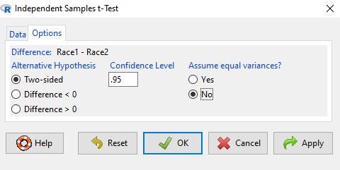 Screenshot Rcmdr t-test options