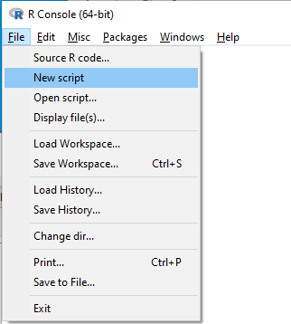 Figure 2. Screenshot of drop down menu RGUI, create new script, Windows 10