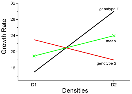 Example of an interaction; genotype 1 has higher growth rate in density 2, genotype 2 does best in density 1 conditions.