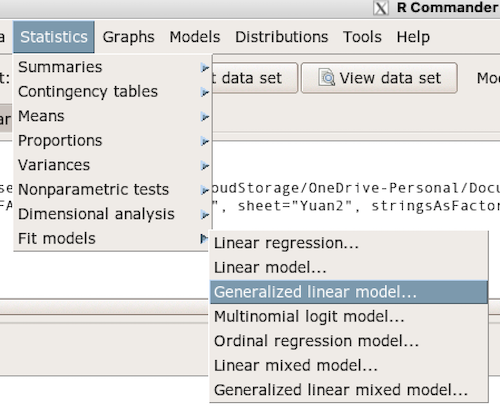 Screenshot Rcmdr, select Statistics, Fit models, Generalized linear model...