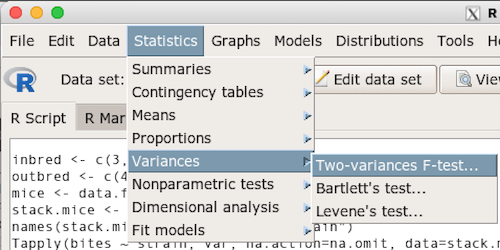 Screenshot Rcmdr variances F-test menu