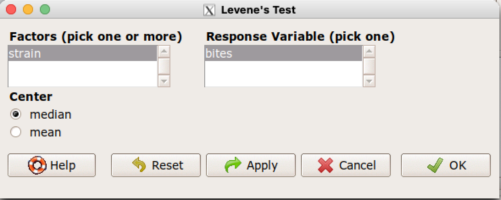 Screenshot menu options R Commander Levene's test