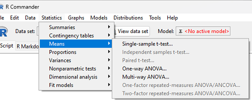 Screenshot Rcmdr select one-way ANOVA