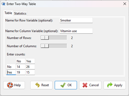 Screenshot Rcmdr menu, Enter two way table