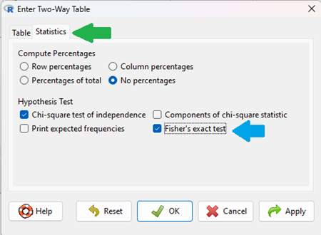 Screenshot Rcmdr menu Statistics option Enter two way table