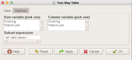 Screenshot Rcmdr two-way table menu, load the data from stacked worksheet.