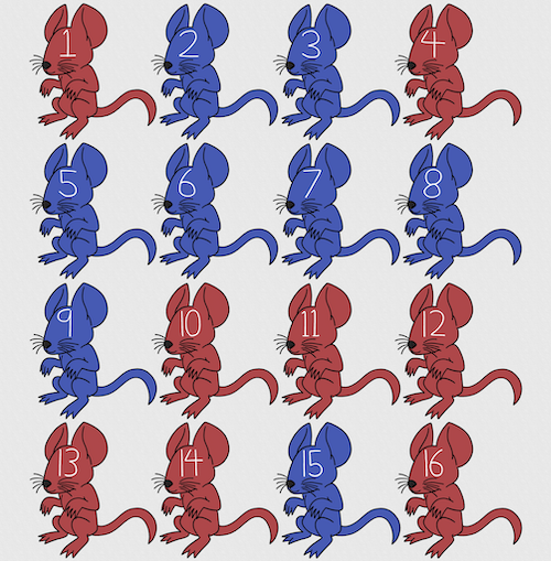 Sixteen mice, eight red and eight blue. Copyright 2024 Mia D Graphics