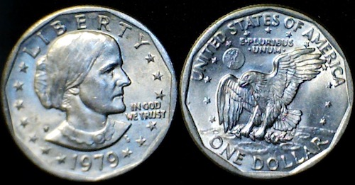 Heads (left) and Tails (right) of a USA Susan B. Anthony dollar.
