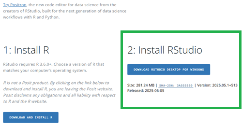 Screenshot RStudio download page, September 2025.