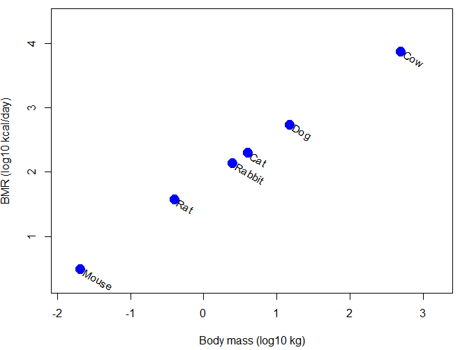 Scatter plot of BMR on Body Mass, log-transformed.